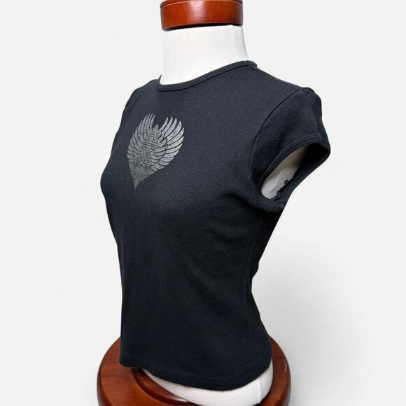 Y2K Punk Baby Tee - Size S - Armani Exchange - Black Heart Logo Cap Sleeve Top - Picture 4 of 8